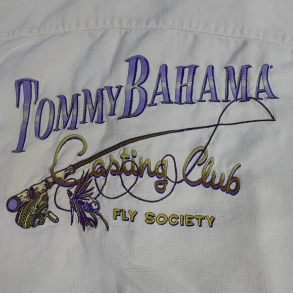 Tommy Bahama Shirt L Beige Embroidered Casting Club Fly Society Fly Fishing - Picture 2 of 7